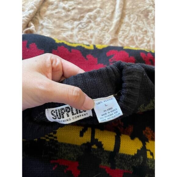 Vintage 80s‎ Abstract Leaf Graphic Knit Sweater Black Multicolor Size Medium - Picture 5 of 6